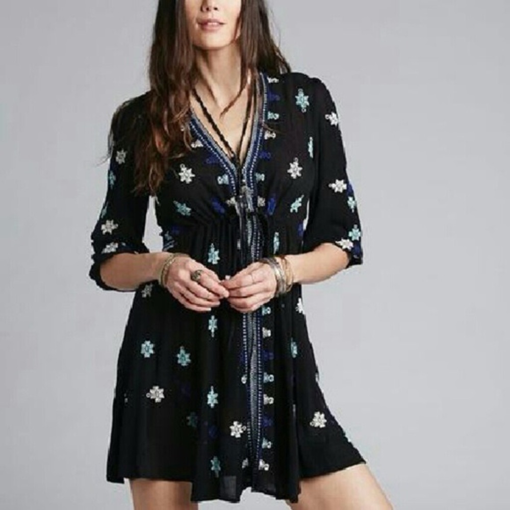 Free People Stargazer Black Blue Embroidered Mini Quarter Sleeve Boho Dress XS